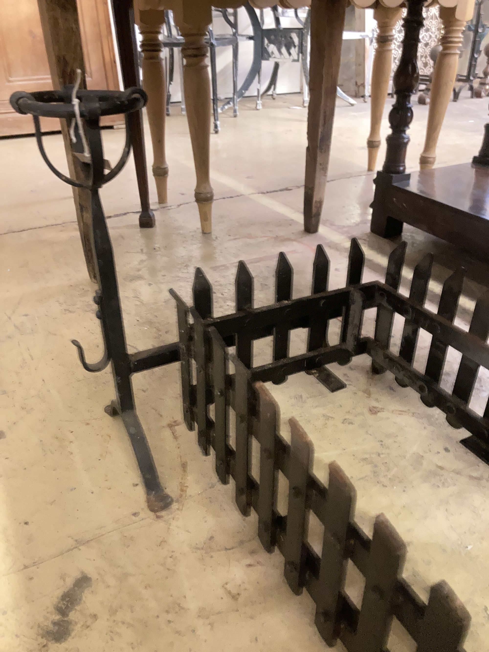 A rectangular wrought iron fire basket, width 96cm, depth 46cm, height 49cm and dogs